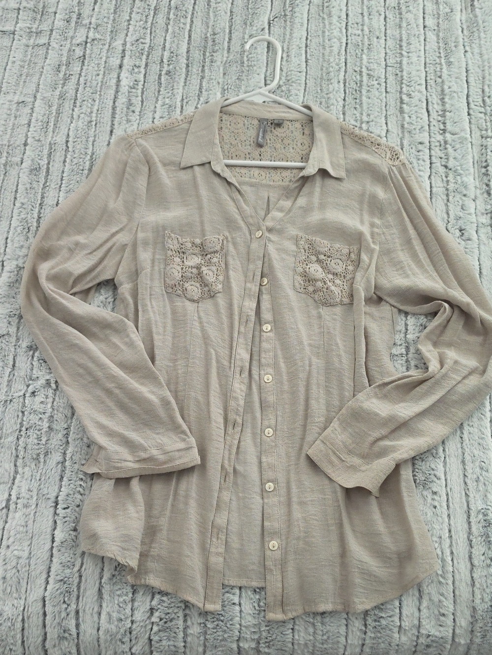 new directions Light Beige Button-Front Shirt with Crochet Pockets